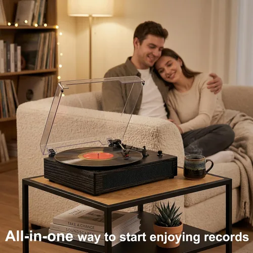 Vista 6 de Reproductor de discos de vinilo con Bluetooth, tocadiscos de 3 velocidades por correa con altavoces integrados, fácil configuración