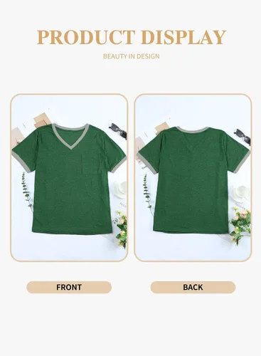 Vista 87 de Eytino Blusas de talla grande para mujer, cuello en V, manga corta, a rayas, casual, holgada, con bolsillo (1X-5X)
