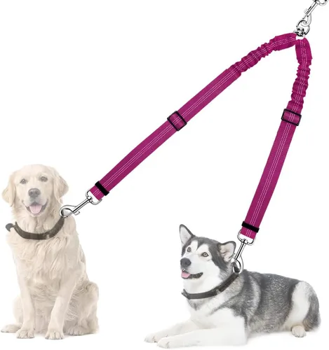 Vista 8 de Correa doble para perros, sin enredos, rotación giratoria de 360°, reflectante, con extensión de bungee, divisor para dos perros, cómoda