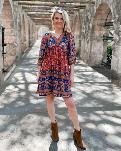 Vista 7 de BTFBM Vestidos casuales de primavera y verano para mujer, cuello en V, manga larga 34, con volantes, floral, estilo bohemio, mini vestido de playa