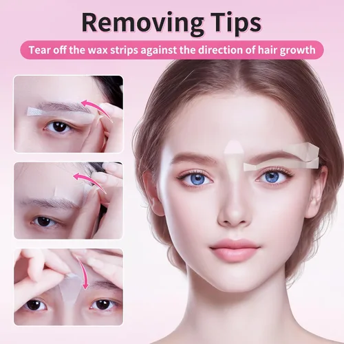 Vista 7 de Beauty7 Kit de tiras de cera para piel sensible, depilación facial para cejas, labios, 24 tiras y 4 toallitas de aceite calmantes, depilación
