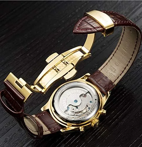 Vista 4 de Swiss Brands - Reloj automático de acero inoxidable con correa de piel auténtica marrón para hombre