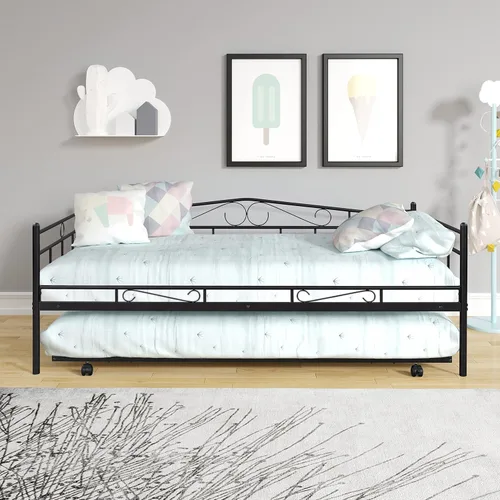 Vista 3 de Sofá cama de marco metálico de tamaño individual con ruedas extraíbles, soporte de sofá cama de listones de acero resistente para invitados, sofá