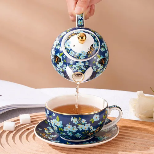 Vista 5 de Juego de té para uno, tetera y taza de porcelana, juego de té para una persona, tetera floral, juego de té de regalo para mujeres, mariposa azul
