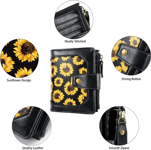 Vista 5 de Simikol Cartera pequeña para mujer, monedero plegable con bloqueo RFID, tarjetero de crédito con bolsillo con cremallera, Girasol, Vintage