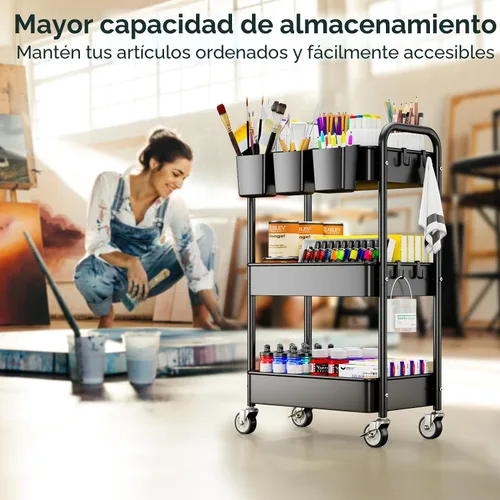 Vista 4 de YASONIC Carrito Rodante de 3 Niveles - Carrito Utilitario de Metal con Ruedas, Tazas Colgantes, Ganchos, Organizador de Almacenamiento de Malla