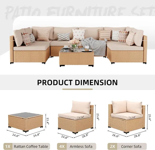 Vista 2 de UPHA Juego de muebles de mimbre para patio de 7 piezas con mesa auxiliar Cojín de ratán beige y beige