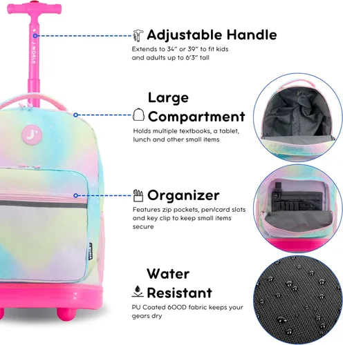 Vista 5 de J World Sunrise Kids - Mochila con ruedas para niñas y niños. Mochila con ruedas para la escuela, Aurora, 18 pulg