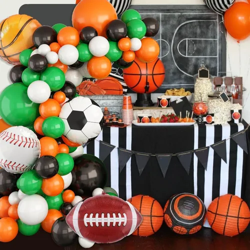Vista 7 de Guirnalda de arco de globos deportivos, kit de guirnalda de globos con tema de bolas, globos blancos, verdes, negros y naranjas, globos de aluminio