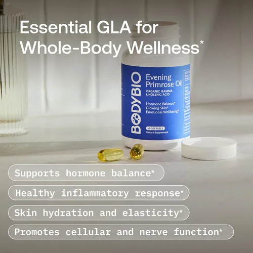 Vista 3 de BodyBio Aceite de onagra - GLA prensado en frío para el apoyo de la piel