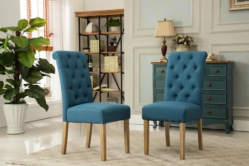 Vista 2 de Roundhill Furniture - Silla de comedor parsons de madera maciza costumbrista y tapizado estilo capitoné (juego de 2), azul