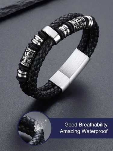 Vista 9 de Bandmax Pulseras de Puño de Cuerda de Cera Doble Negra para Hombres Impermeables de Acero Inoxidable Estilo Nórdico Nudo Celta Cuentas Pulsera