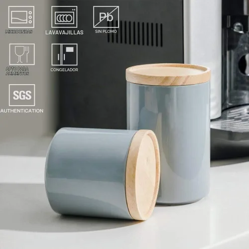 Vista 2 de Sweejar Kitchen Canisters - Tarro de cerámica para almacenamiento de alimentos, recipientes apilables con tapa de madera de cierre hermético