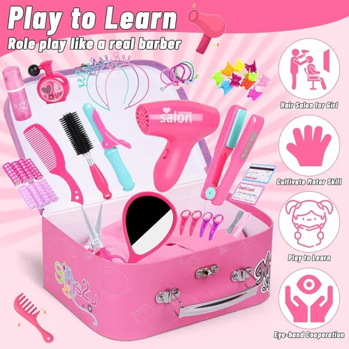 Vista 3 de Gifts2U Juguetes de peluquería para niñas, juego de salón de belleza para niñas, juego de peluquería con secador de pelo, delantal de disfraz