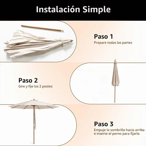 Vista 6 de HAPPYGRILL Sombrilla de madera para patio de 10 pies con polea de cuerda y Beige