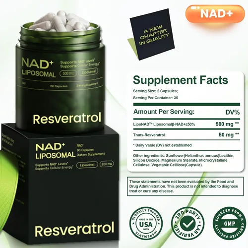 Vista 2 de Suplemento alternativo NMNH, resveratrol de ribósido de nicotinamida NAD, NAD liposomal + resveratrol, suministro de 30 días - Suplemento NAD