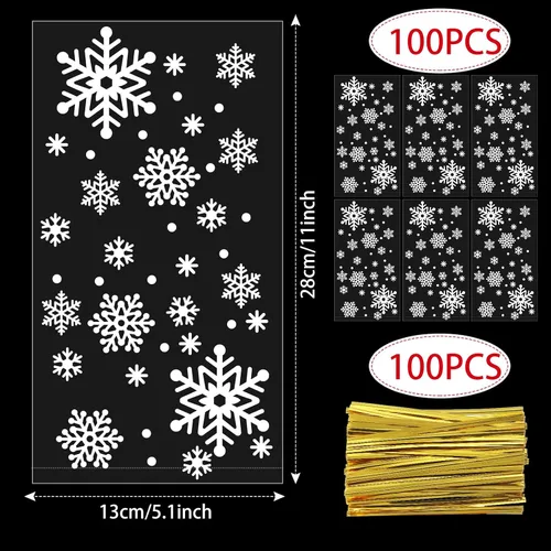 Vista 2 de Resholder 100 bolsas de celofán transparentes de Navidad de 11.0 x 5.1 in, bolsas de almacenamiento con parte inferior de bloque, con 100 lazos
