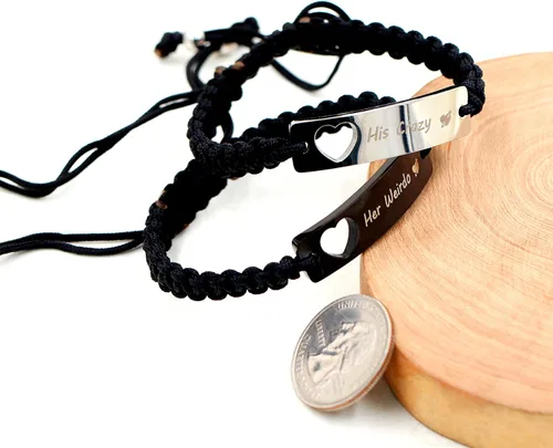 Vista 5 de 1 par de pulseras trenzadas Hademade para parejas, pulseras para hombres y mujeres grabadas con "I Love You 3000, God Gave Me You, His Crazy Her