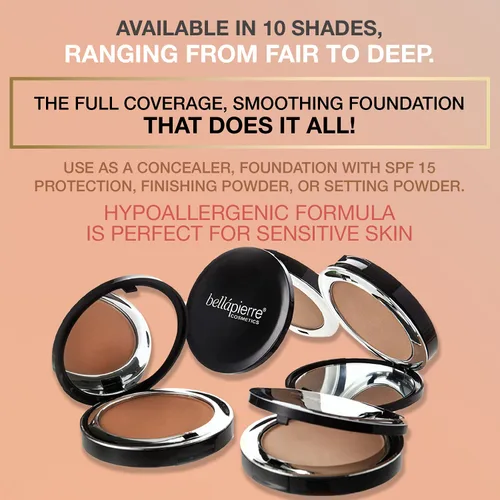 Vista 7 de Bellapierre Base mineral compacta SPF 15 – Base de maquillaje en polvo prensado, corrector, polvo de acabado y fijación, compacta para llevar