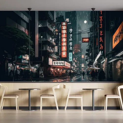 Vista 3 de Papel tapiz de pared con vista nocturna lluviosa de la ciudad de Tokio de Japón, papel tapiz extraíble, papel adhesivo decorativo