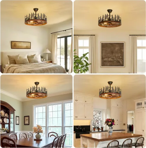 Vista 2 de 23.6 Inch Farmhouse Rustic Ceiling Fans with Lights, Vintage Walnut Wheels Flush Mount Bladeless Chandeliers Fan, Adjustable Height, Black Caged