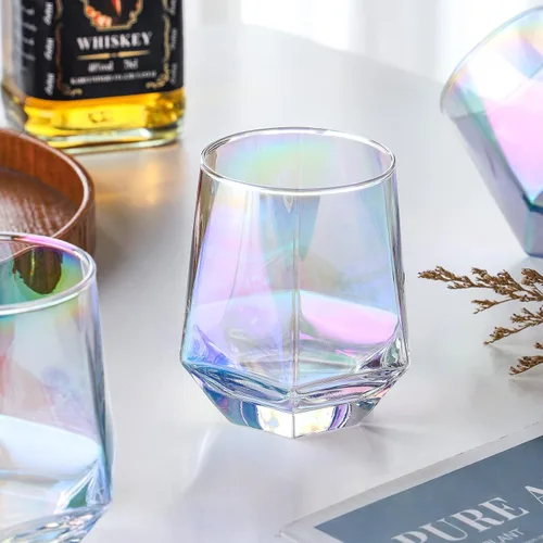 Vista 5 de Copa de vino sin tallo para vino tinto y blanco, cristalería iridiscente en forma de diamante para whisky, cóctel, regalo para aniversario, boda