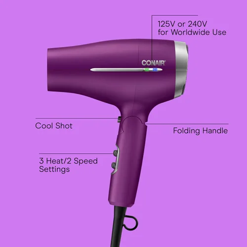 Vista 2 de Conair Worldwide Secador de pelo con mango plegable con concentrador y difusor, 1875W secador de pelo de viaje con tecnología de voltaje
