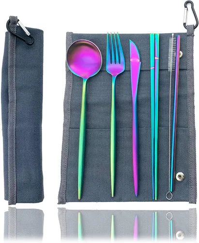 Vista 12 de JASHII Juego de cubiertos de viaje de acero inoxidable, tenedor, cuchara, cuchillo, pajilla, cubiertos reutilizables con estuche, juego de Rosa