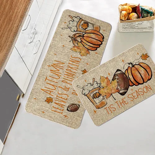 Vista 2 de Tis The Season - Juego de 2 tapetes de cocina de otoño, fútbol, calabaza, granja, fiesta, decoración para el hogar, cocina, baño, 17 x 27 y 17 x 47