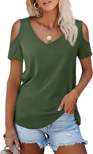 Vista 20 de Amoretu - Camisetas de manga corta con hombros descubiertos, cuello en V, blusa y túnica para mujer A: Negro