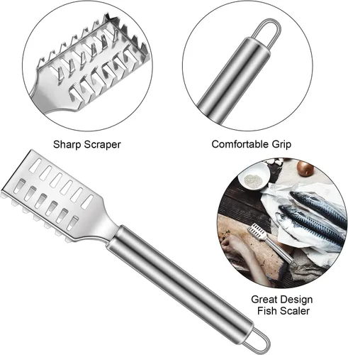 Vista 4 de Honoson 4 unidades de raspador de pescado de acero inoxidable raspador de piel de pescado rallador multifuncional pelador de cocina escalador