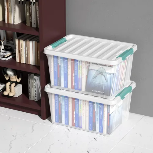 Vista 7 de 6 paquetes de contenedores de plástico transparente de 35 L con tapas, cajas de almacenamiento grandes