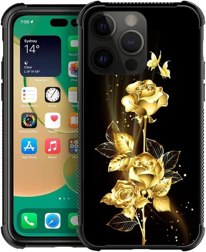Vista 19 de Funda compatible con iPhone 14 Pro, fundas para mujeres y niñas, cielo azul, flor, luna y mariposa