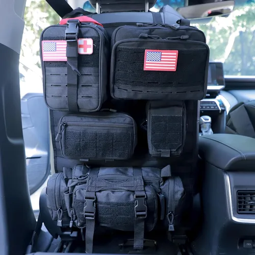 Vista 14 de Organizador táctico universal para respaldo de asiento, panel Molle para vehículo, bolsa de almacenamiento con 5 bolsas Molle desmontables