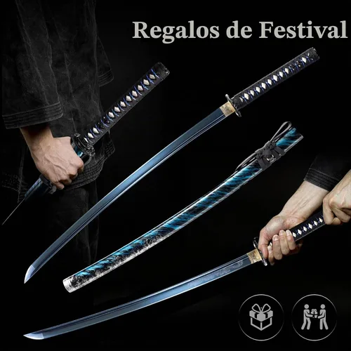 Vista 6 de OYZ - Espada Katana azul japonesa real, espiga completa, práctica, funcional, acero de alto carbono 1060, hecha a mano templada térmica, espada