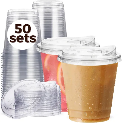 Vista 11 de Vasos de plástico transparente de 9 onzas con tapas para sorber sin pajita, 50 juegos de vasos desechables de plástico para café helado, vasos