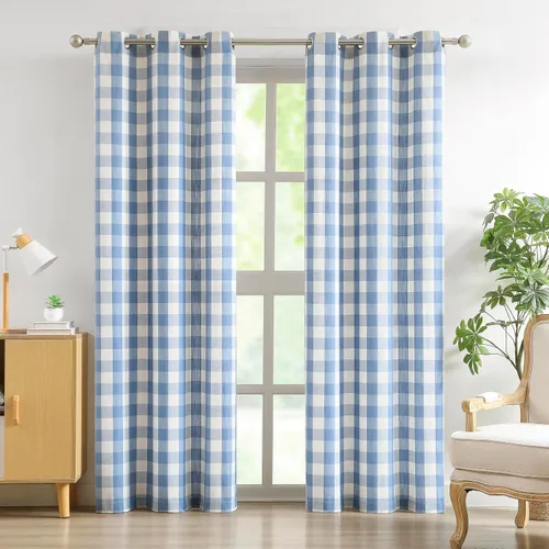 Vista 13 de Amzdecor Cortinas a cuadros con ojales de búfalo de 54 pulgadas de largo, cortinas texturizadas semitransparentes para sala de estar, dormitorio