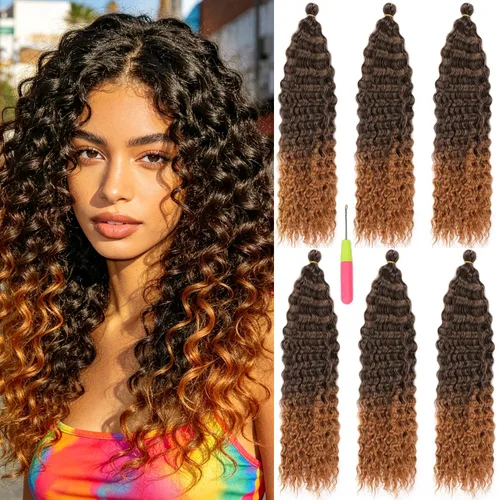 Vista 32 de Extensiones de cabello ondulado con ganchillo Ocean Wave de 18 pulgadas, 6 paquetes, extensiones de cabello de ganchillo sueltas de onda profunda #1B