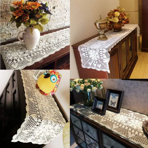 Vista 3 de KEPSWET Camino de mesa rectangular de girasol hecho a mano con encaje de ganchillo, decoración floral de boda (14 x 36 pulgadas, beige)