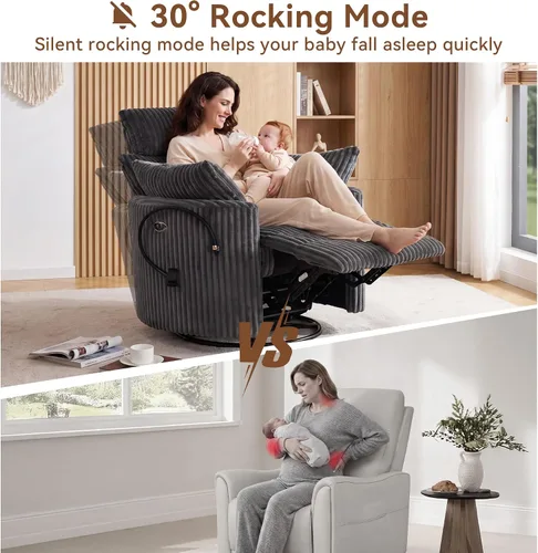 Vista 5 de FOXHUNTER Mecedora mecedora Power Glider, mecedora giratoria de 360°, con puerto de carga USB y soporte para teléfono, reposapiés, para sala