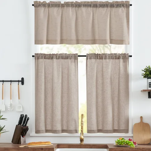 Vista 38 de Jinchan - Cortinas de cocina de lino rústico beige con bolsillo para barra, 26 x 36 pulgadas, 2 paneles