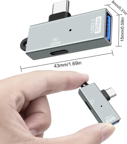 Vista 2 de MEIRIYFA Adaptador OTG USB-C a USB 3.0 2 en 1, USB C de ángulo recto macho a USB 3.0 hembra convertidor de 5Gbps con puerto de carga PD de 100 W