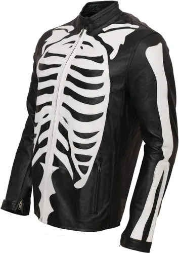 Vista 2 de CHICAGO-FASHIONS Halloween Cosplay - Mens Skeleton Bones Black Leather Jacket - Cafe Racer Biker Skull Motorcycle Jacket