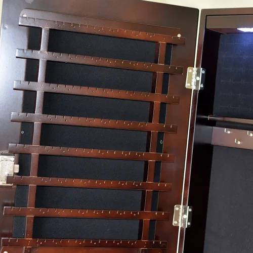 Vista 8 de GLS Armario de joyería con espejo marrón con luz LED y cerradura de madera
