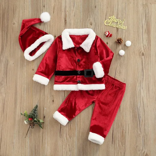 Vista 2 de Traje de Navidad para bebés y niñas, disfraz de Papá Noel, chaqueta de felpa, pantalones y sombreros, disfraz de Navidad para niños pequeños