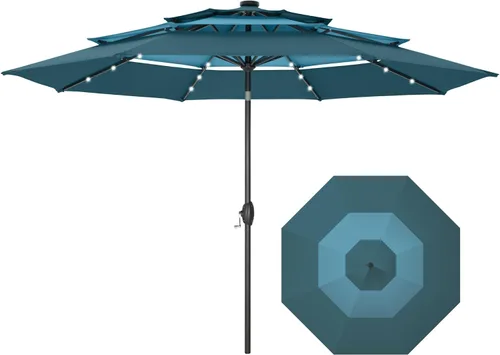 Vista 10 de PHI VILLA 10ft 3 Tier Outdoor Patio Umbrella with 24pcs LED Lights, Beige