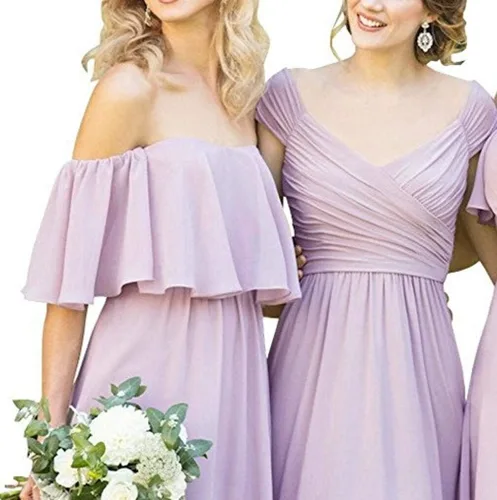 Vista 4 de Fanciest Vestido largo de gasa con hombros descubiertos para dama de honor para mujer
