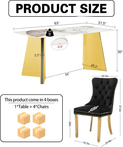 Vista 2 de Shenyon Moderno juego de mesa de comedor de 7 piezas con 6 sillas, juego de mesa de comedor de mármol blanco de 63 pulgadas para 6, mesa de cocina