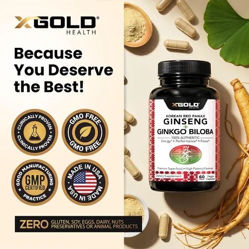 Vista 5 de X Gold Health Panax Ginseng rojo coreano + ginkgo biloba – 7% de ginsenósidos extra fuerte – Energía, memoria, enfoque y apoyo cerebral – Suplemento
