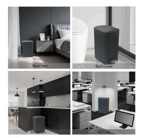 Vista 7 de Feisco Cubo de basura pequeño con tapa, cubo de basura pequeño para baño con pedal y tapa tipo prensa, cubo de basura delgado para cocina, baño, Gris